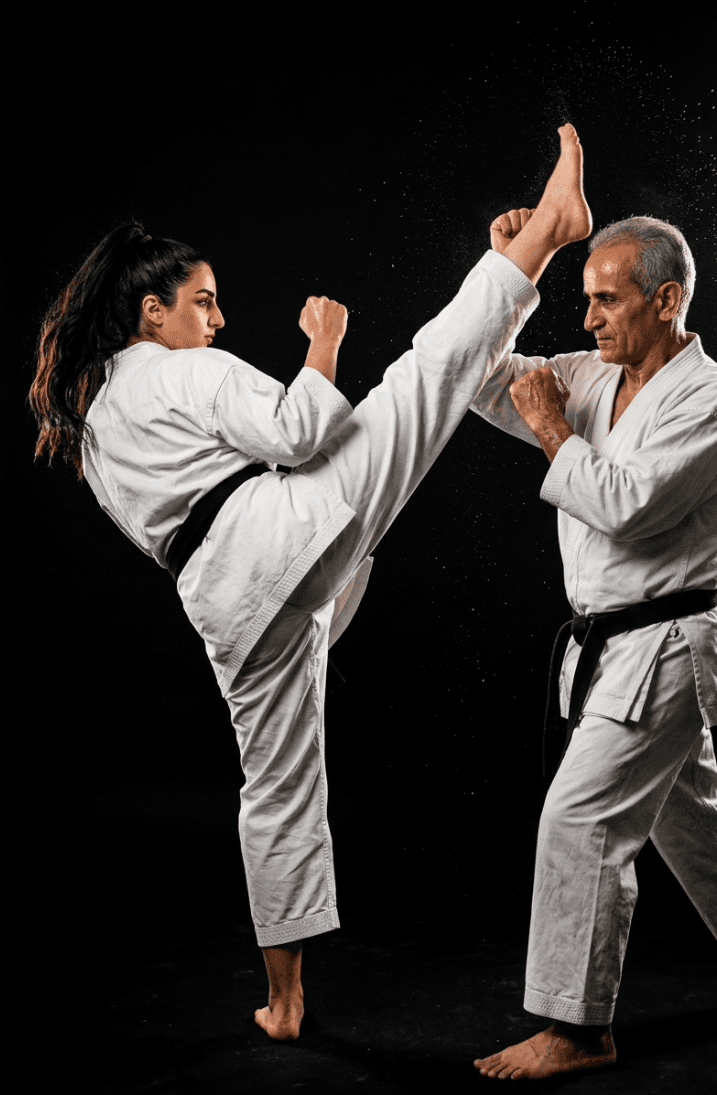 Sensei Homa Yaghoubian high kick technique with Sensei Behzad Yaghoubian — elite karate training Istanbul